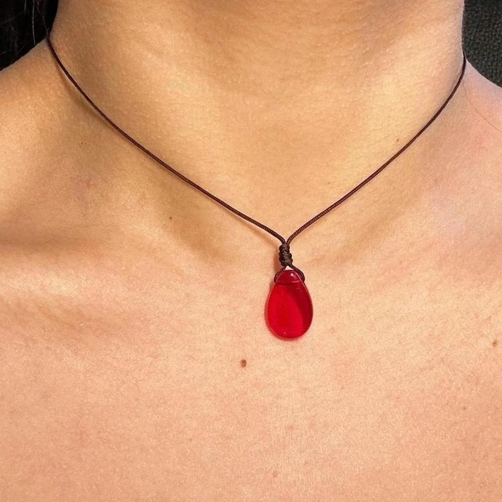 Red czech glass adjustable choker necklace boho dainty cord brown earthy